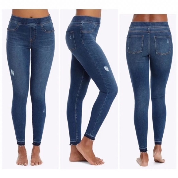 Women's Spanx Distressed Skinny Jeans Dark Wash Raw Hem Ankle Length Size XL - Picture 1 of 13